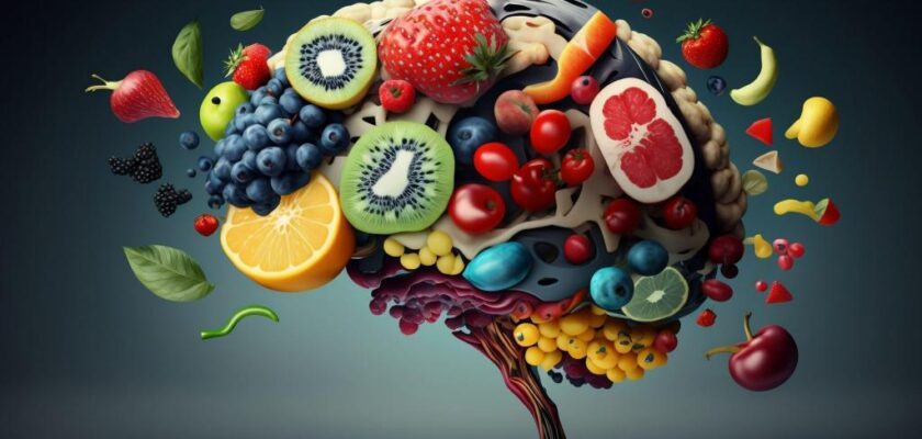 Pessoas felizes e alimentos frescos, simbolizando a conexão entre alimentação e saúde mental